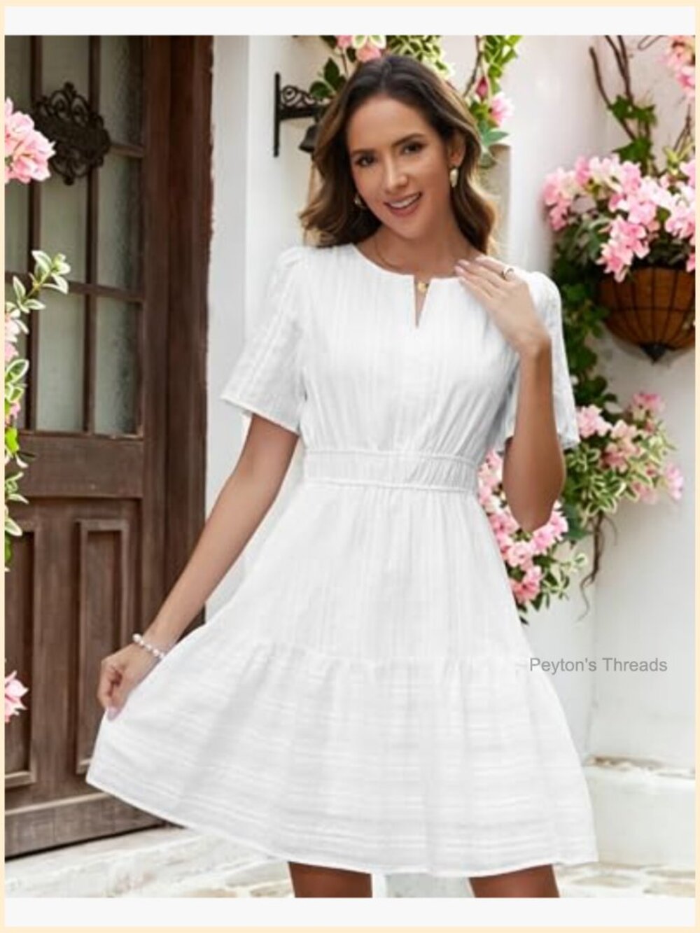 Summer Casual Mini Dress Short Sleeve V-Neck Flowy A-Line Boho Beach Dress with - Picture 6 of 7
